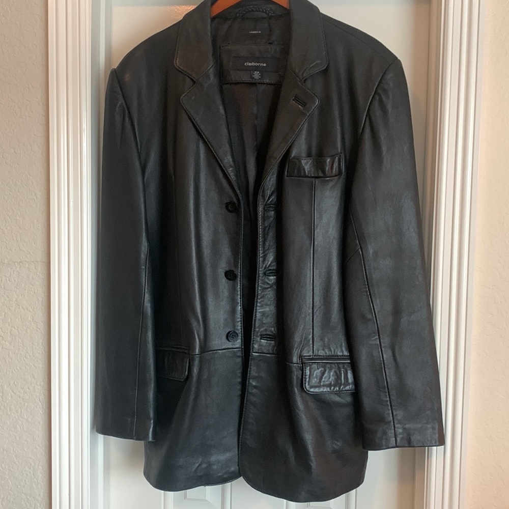 Claiborne Men’s Black Lambskin Leather 3-Button Blazer Jacket Sport Coat L